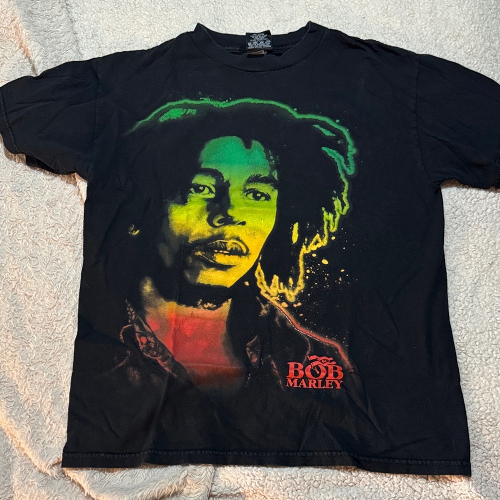 Zion Rootswear Black Tee with Green, Yellow & Red Bob Marley Portrait
